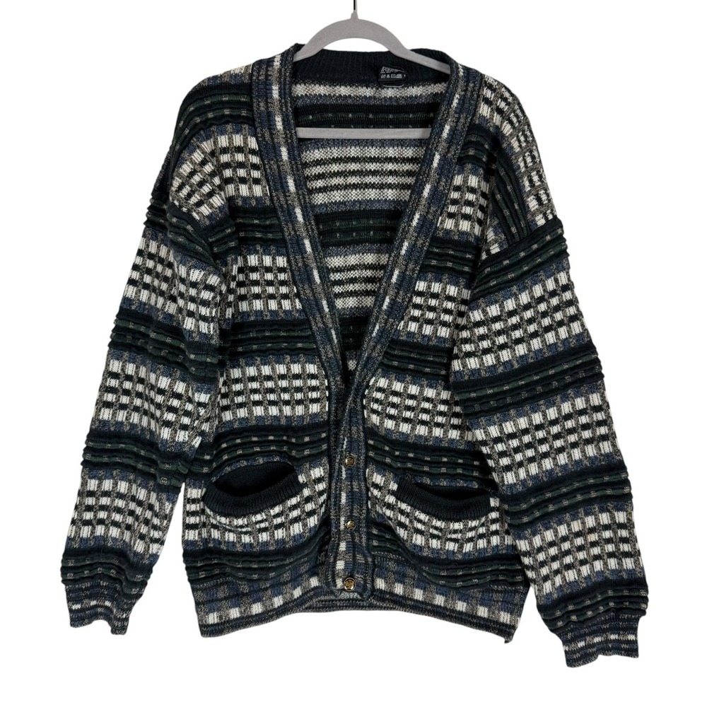 Vintage Generra Sweater Mens Small Multicolor Geometric Knit Cardigan Pockets